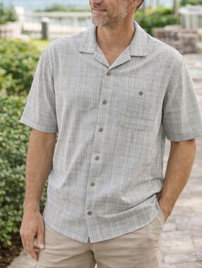 Island Shores Button-Up Shirt Men’s Large Gray Plaid Casual Resort Lightweight